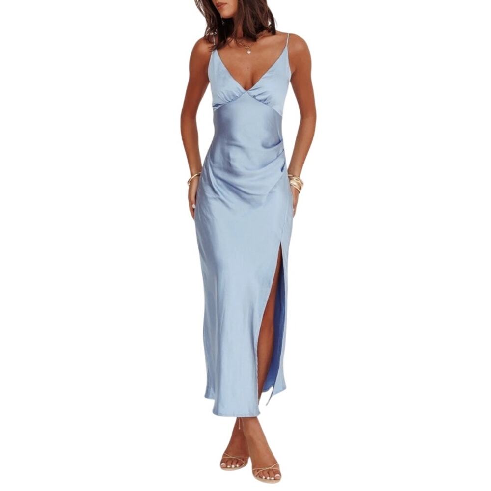 Selfie Leslie Marlie Side Pleat Slip Maxi Dress Blue Women’s Small NWT Flaw